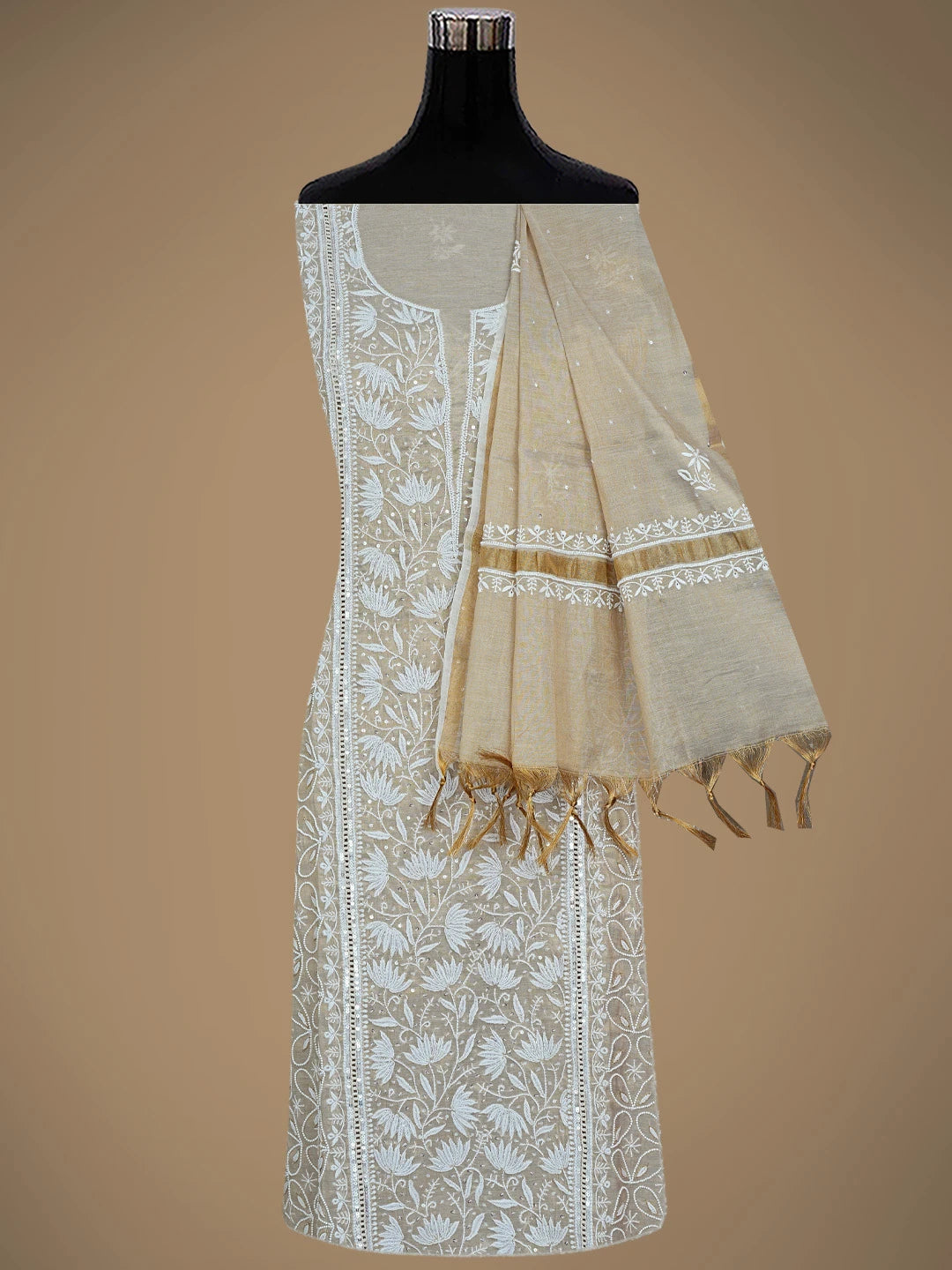 Ada Hand Embroidered Fawn Tissue Lucknowi Chikankari Semi-Stitched Kurta Dupatta Set With Pearl Work 01A809036