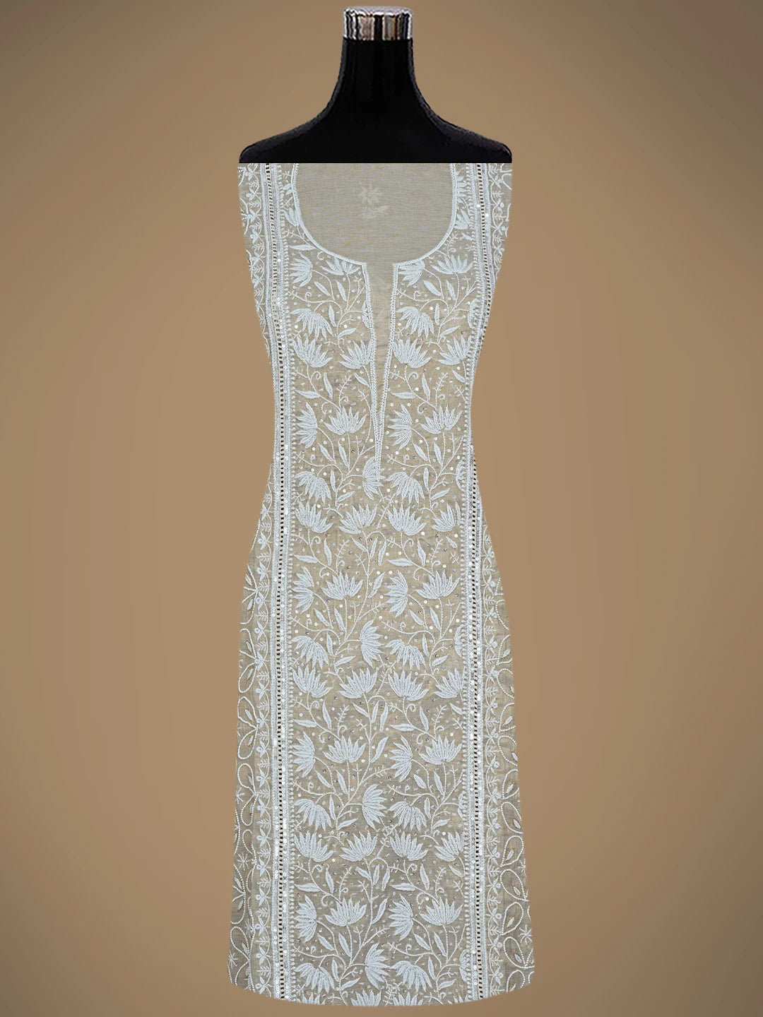 Ada Hand Embroidered Fawn Tissue Lucknowi Chikankari Semi-Stitched Kurta Dupatta Set With Pearl Work 01A809036