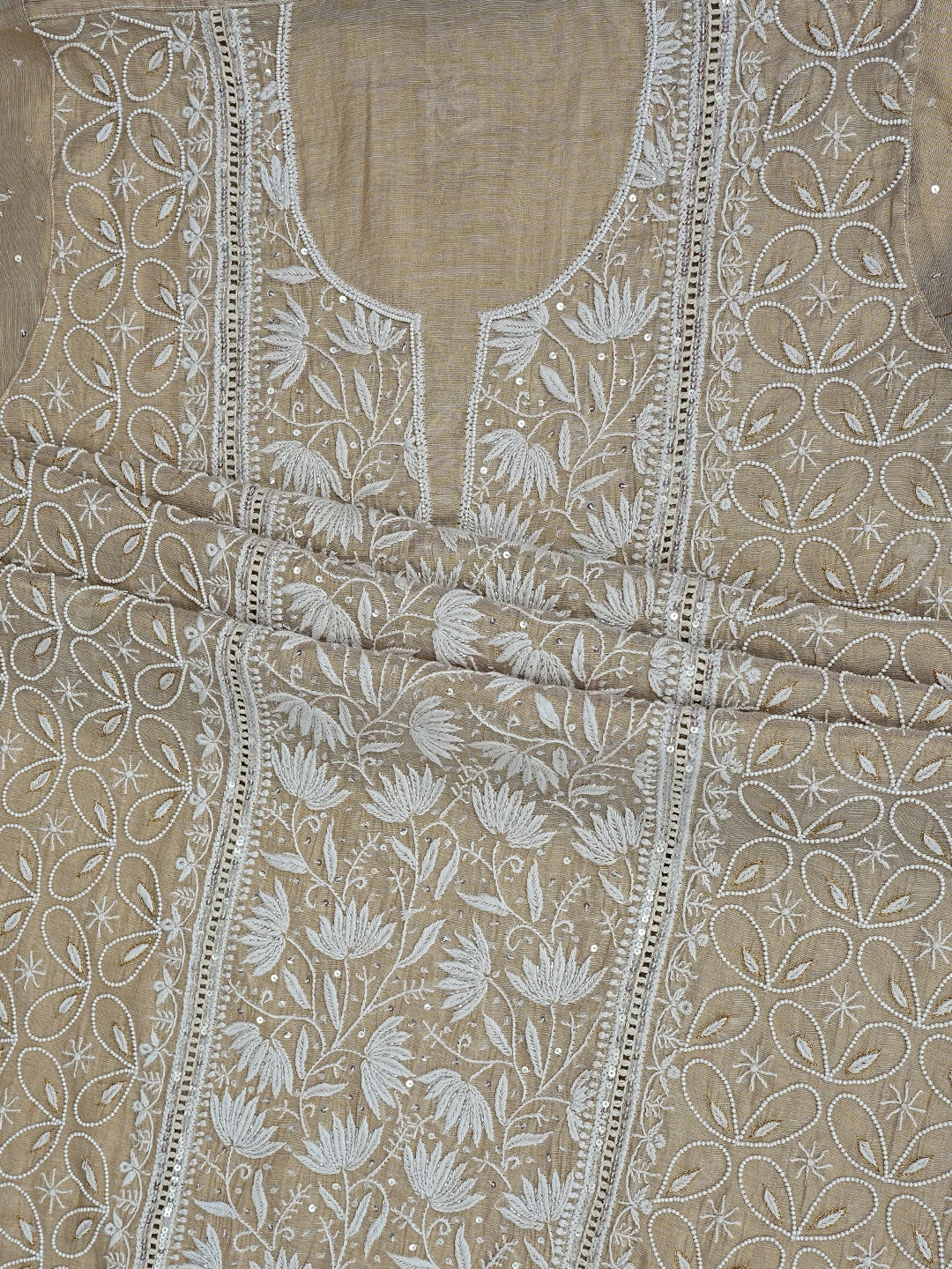 Ada Hand Embroidered Fawn Tissue Lucknowi Chikankari Semi-Stitched Kurta Dupatta Set With Pearl Work 01A809036