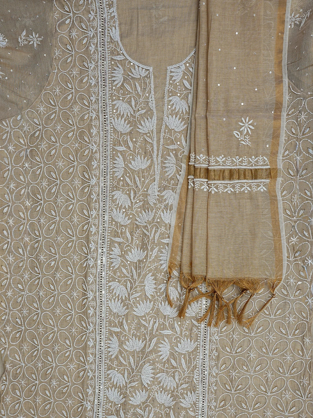 Ada Hand Embroidered Fawn Tissue Lucknowi Chikankari Semi-Stitched Kurta Dupatta Set With Pearl Work 01A809036