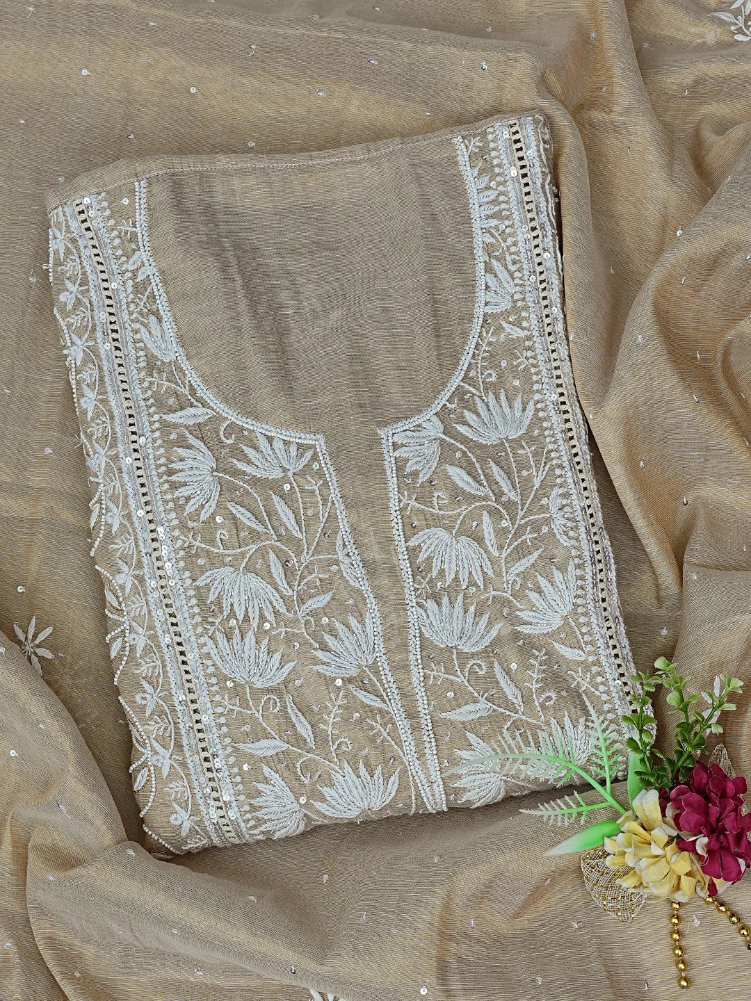 Ada Hand Embroidered Fawn Tissue Lucknowi Chikankari Semi-Stitched Kurta Dupatta Set With Pearl Work 01A809036