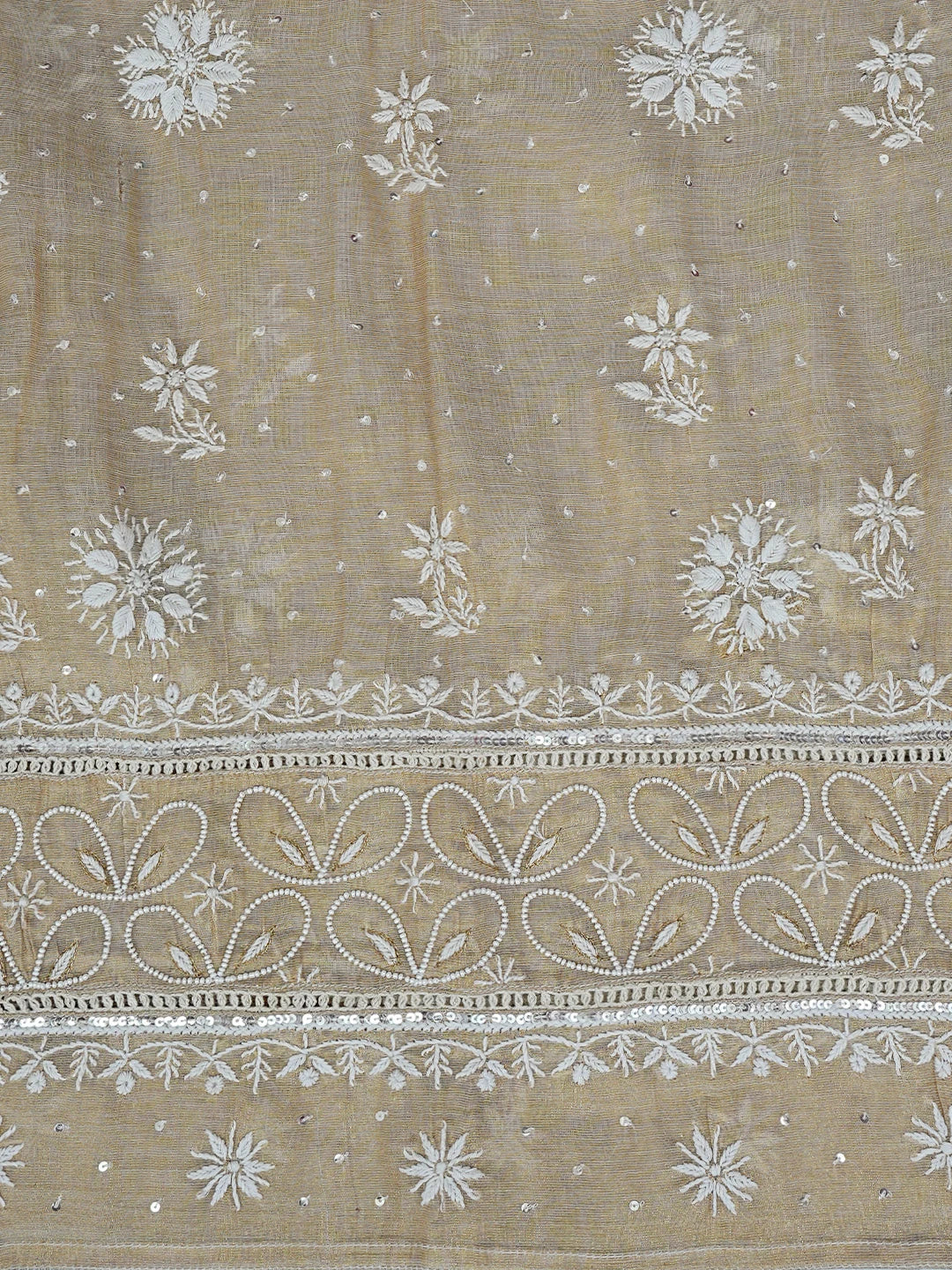Ada Hand Embroidered Fawn Tissue Lucknowi Chikankari Semi-Stitched Kurta Dupatta Set With Pearl Work 01A809036
