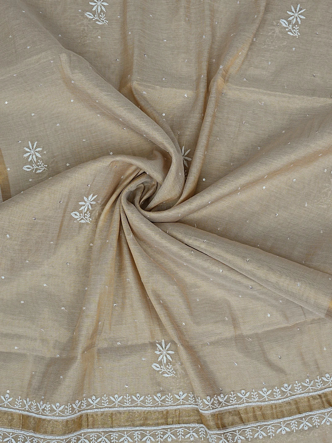 Ada Hand Embroidered Fawn Tissue Lucknowi Chikankari Semi-Stitched Kurta Dupatta Set With Pearl Work 01A809036