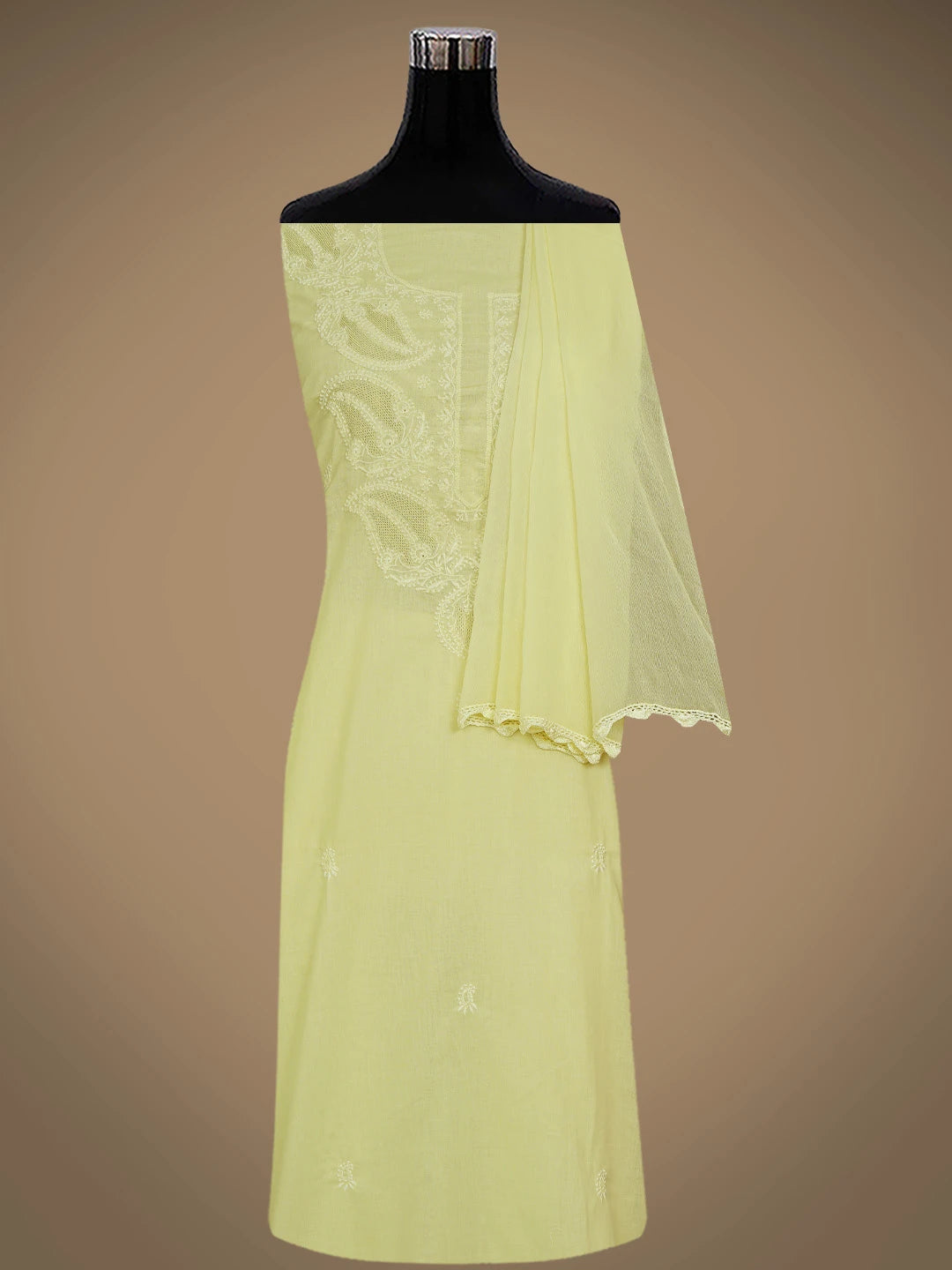 Ada Hand Embroidered Lemon Cotton Lucknowi Chikankari Unstitched Suit Piece With Zari Work 01A288331