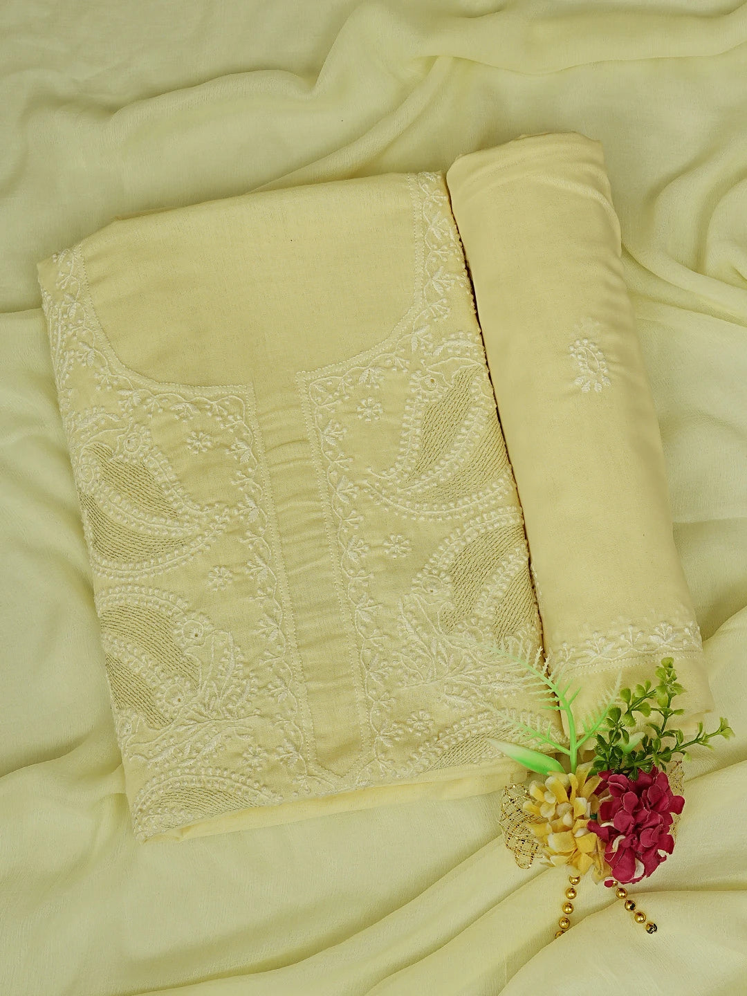 Ada Hand Embroidered Lemon Cotton Lucknowi Chikankari Unstitched Suit Piece With Zari Work 01A288331