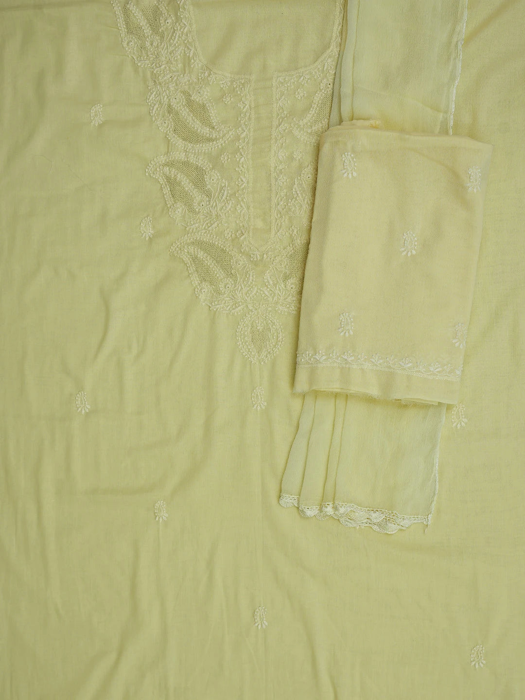 Ada Hand Embroidered Lemon Cotton Lucknowi Chikankari Unstitched Suit Piece With Zari Work 01A288331