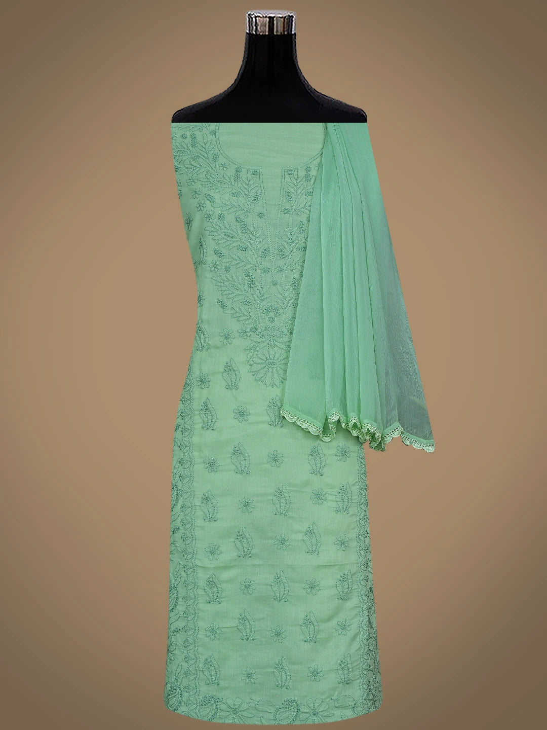 Ada Hand Embroidered Dusty Green Cotton Lucknowi Chikankari Unstitched Suit Piece 01A869295