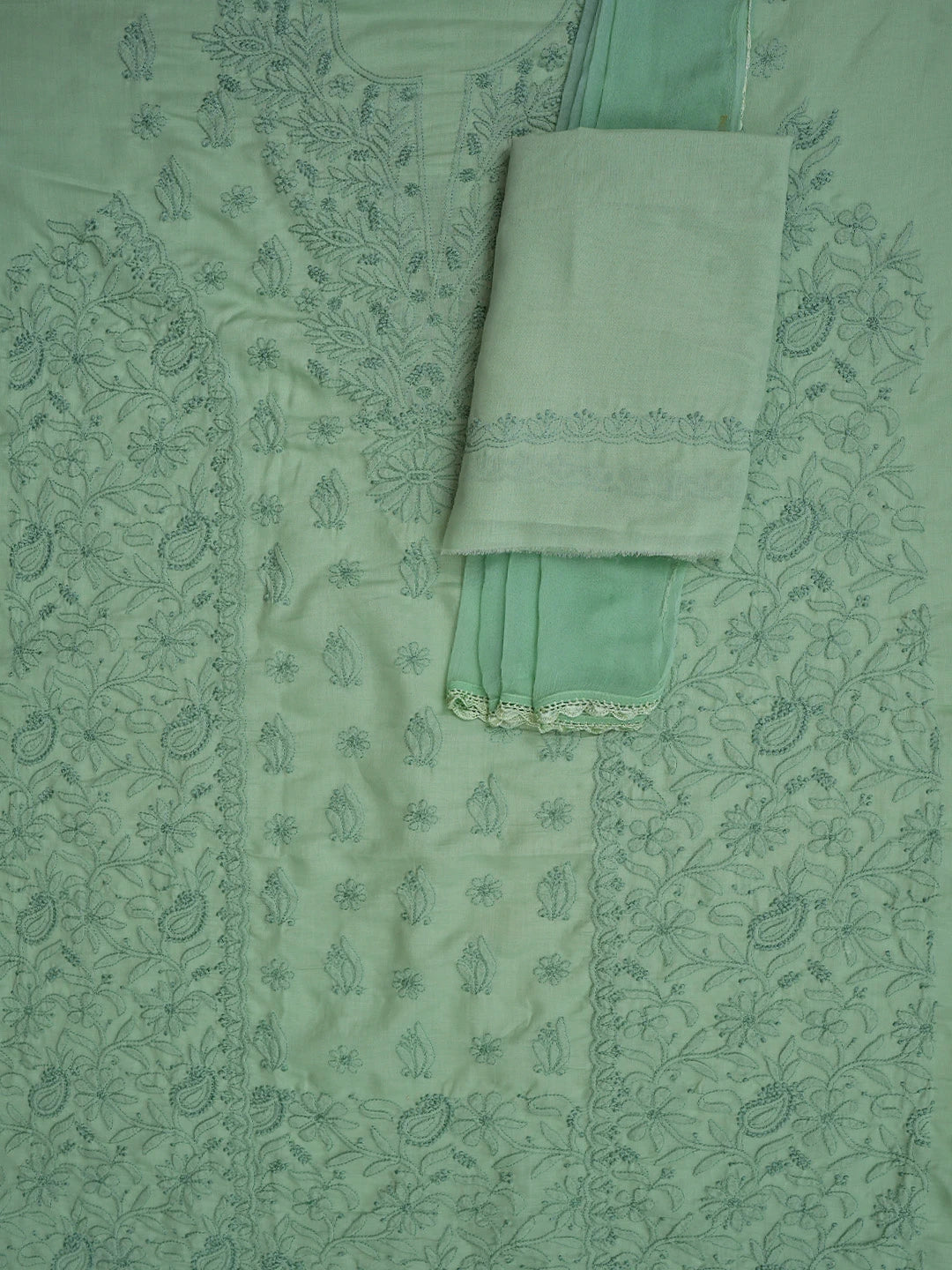 Ada Hand Embroidered Dusty Green Cotton Lucknowi Chikankari Unstitched Suit Piece 01A869295