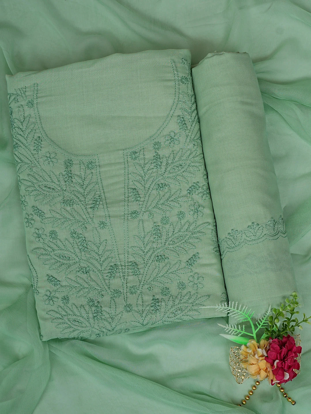 Ada Hand Embroidered Dusty Green Cotton Lucknowi Chikankari Unstitched Suit Piece 01A869295