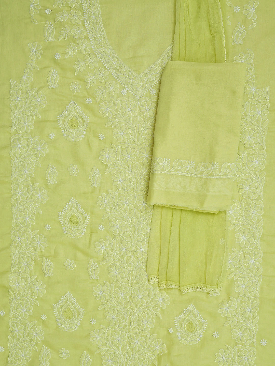 Ada Hand Embroidered Lime Green Cotton Lucknowi Chikankari Unstitched Suit Piece 01A869268