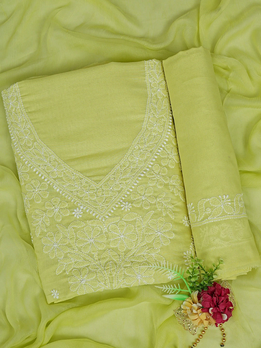 Ada Hand Embroidered Lime Green Cotton Lucknowi Chikankari Unstitched Suit Piece 01A869268