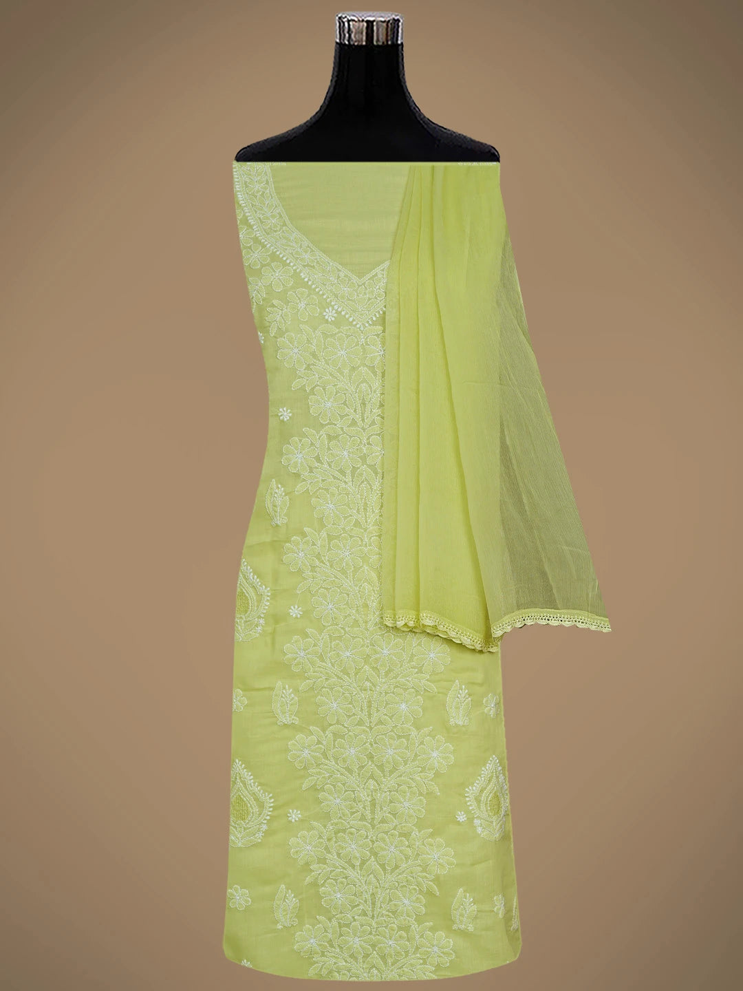 Ada Hand Embroidered Lime Green Cotton Lucknowi Chikankari Unstitched Suit Piece 01A869268