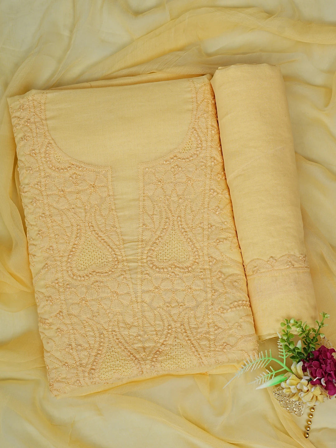 Ada Hand Embroidered Saffron Yellow Cotton Lucknowi Chikankari Unstitched Suit Piece 01A869314