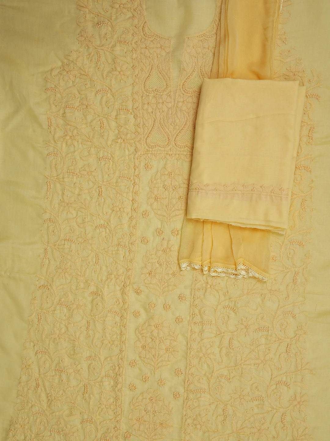 Ada Hand Embroidered Saffron Yellow Cotton Lucknowi Chikankari Unstitched Suit Piece 01A869314