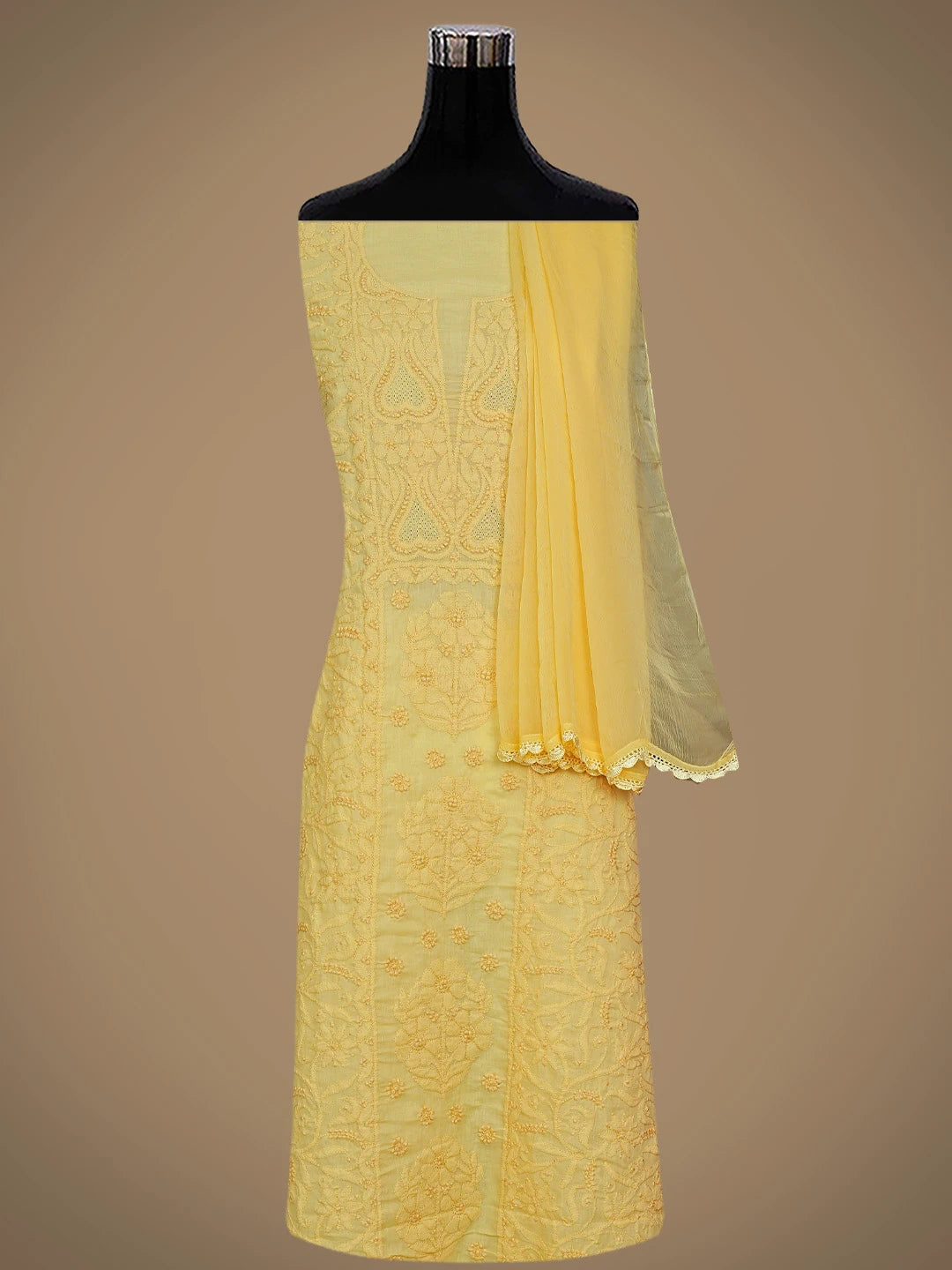 Ada Hand Embroidered Saffron Yellow Cotton Lucknowi Chikankari Unstitched Suit Piece 01A869314