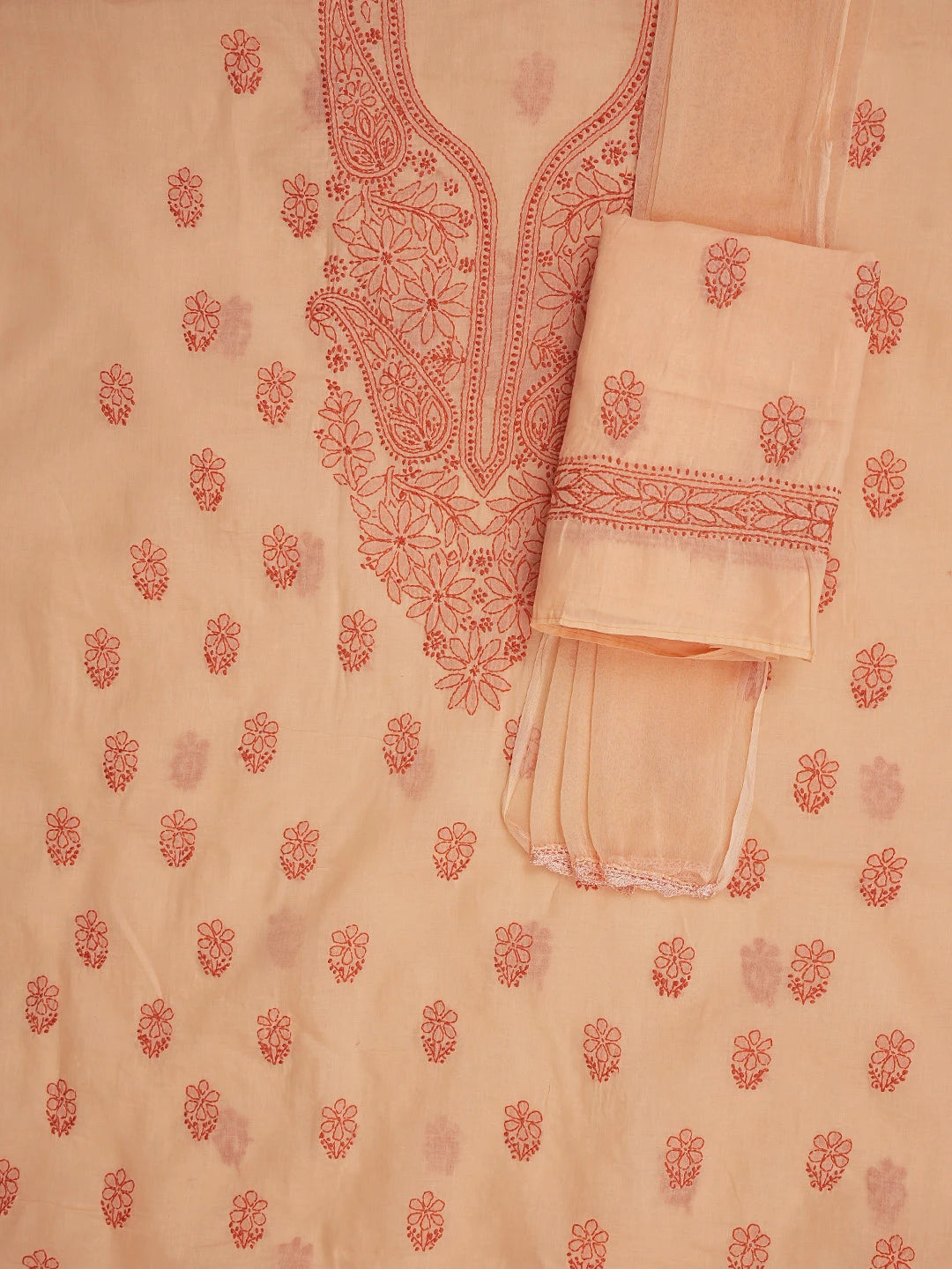 Ada Hand Embroidered Peach Cotton Lucknowi Chikankari Unstitched Suit Piece 01A868021