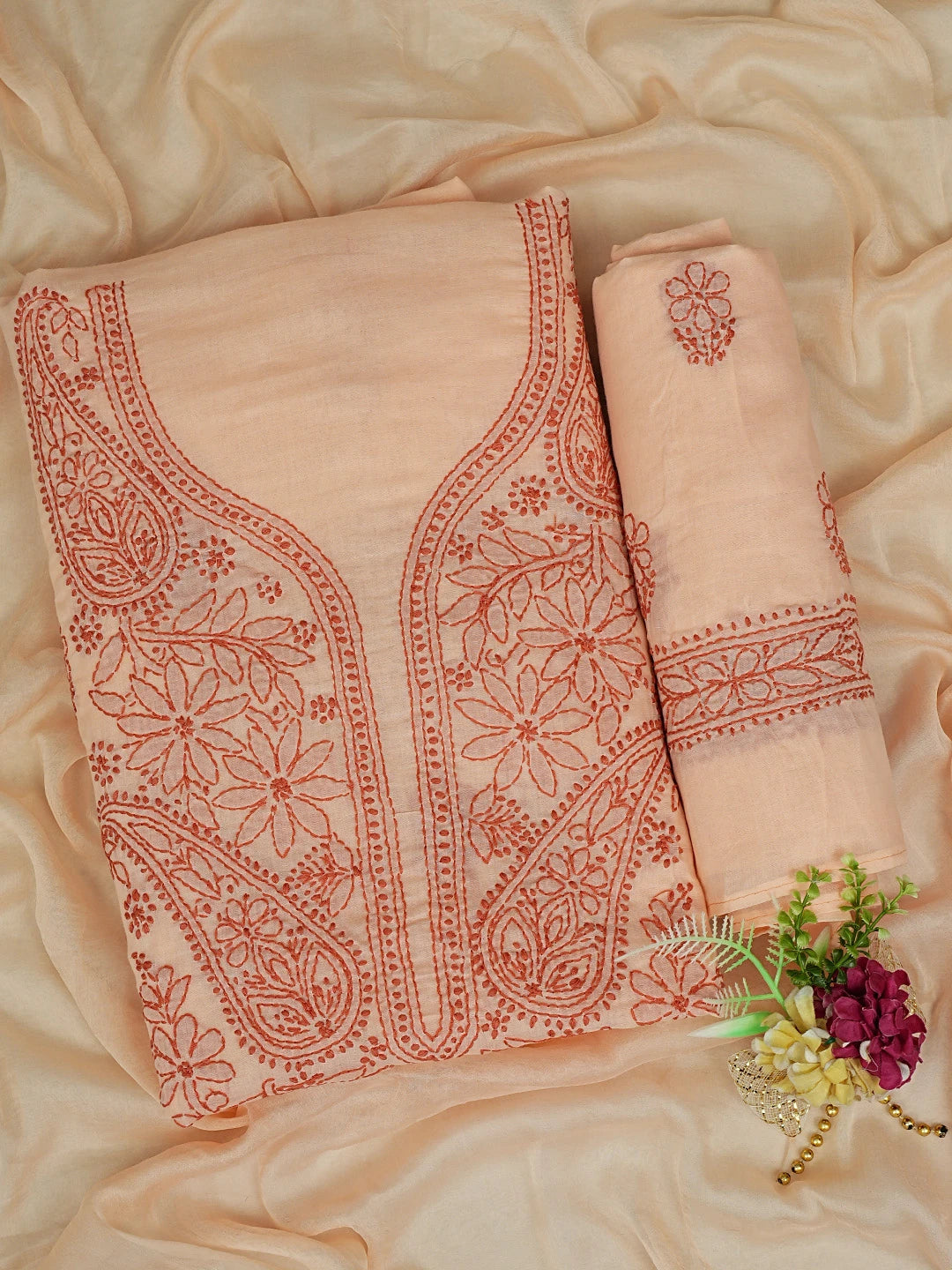 Ada Hand Embroidered Peach Cotton Lucknowi Chikankari Unstitched Suit Piece 01A868021