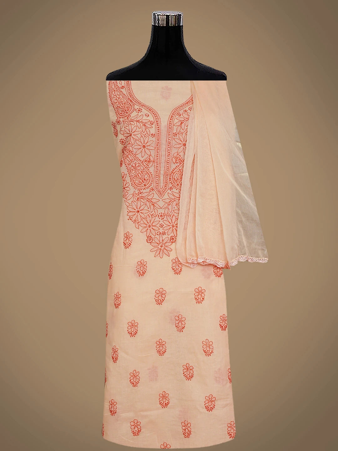 Ada Hand Embroidered Peach Cotton Lucknowi Chikankari Unstitched Suit Piece 01A868021