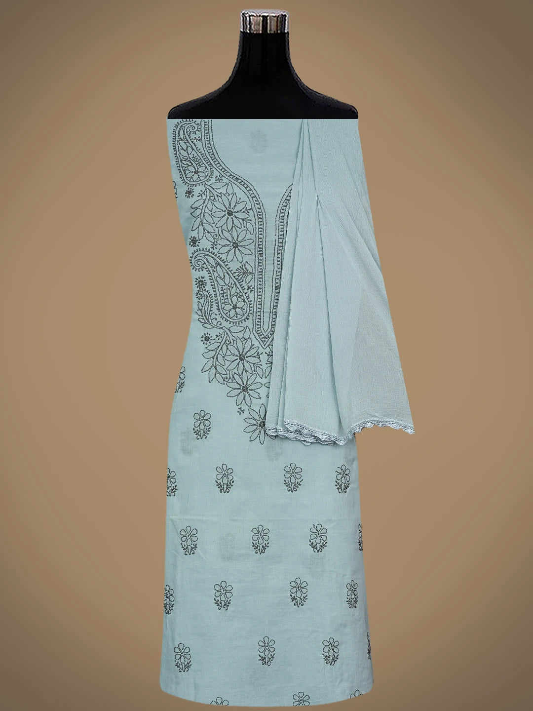 Ada Hand Embroidered Blueish Grey Cotton Lucknowi Chikankari Unstitched Suit Piece 01A868028