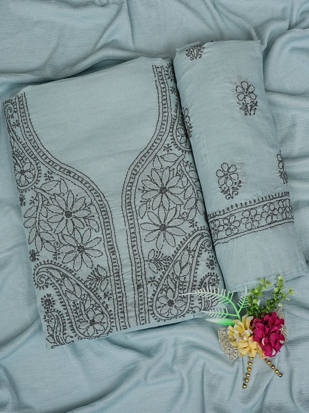 Ada Hand Embroidered Blueish Grey Cotton Lucknowi Chikankari Unstitched Suit Piece 01A868028