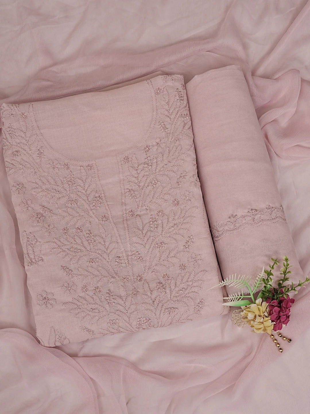Ada Hand Embroidered Dusty Peach  Cotton Lucknowi Chikankari Unstitched Suit Piece 01A869285