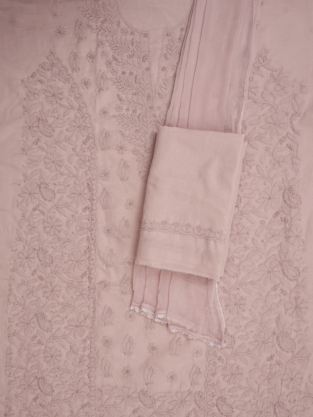 Ada Hand Embroidered Dusty Peach  Cotton Lucknowi Chikankari Unstitched Suit Piece 01A869285