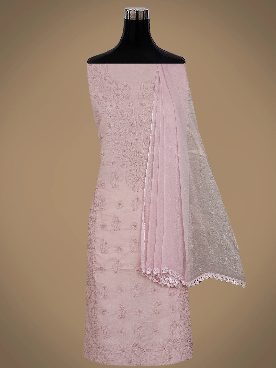 Ada Hand Embroidered Dusty Peach  Cotton Lucknowi Chikankari Unstitched Suit Piece 01A869285