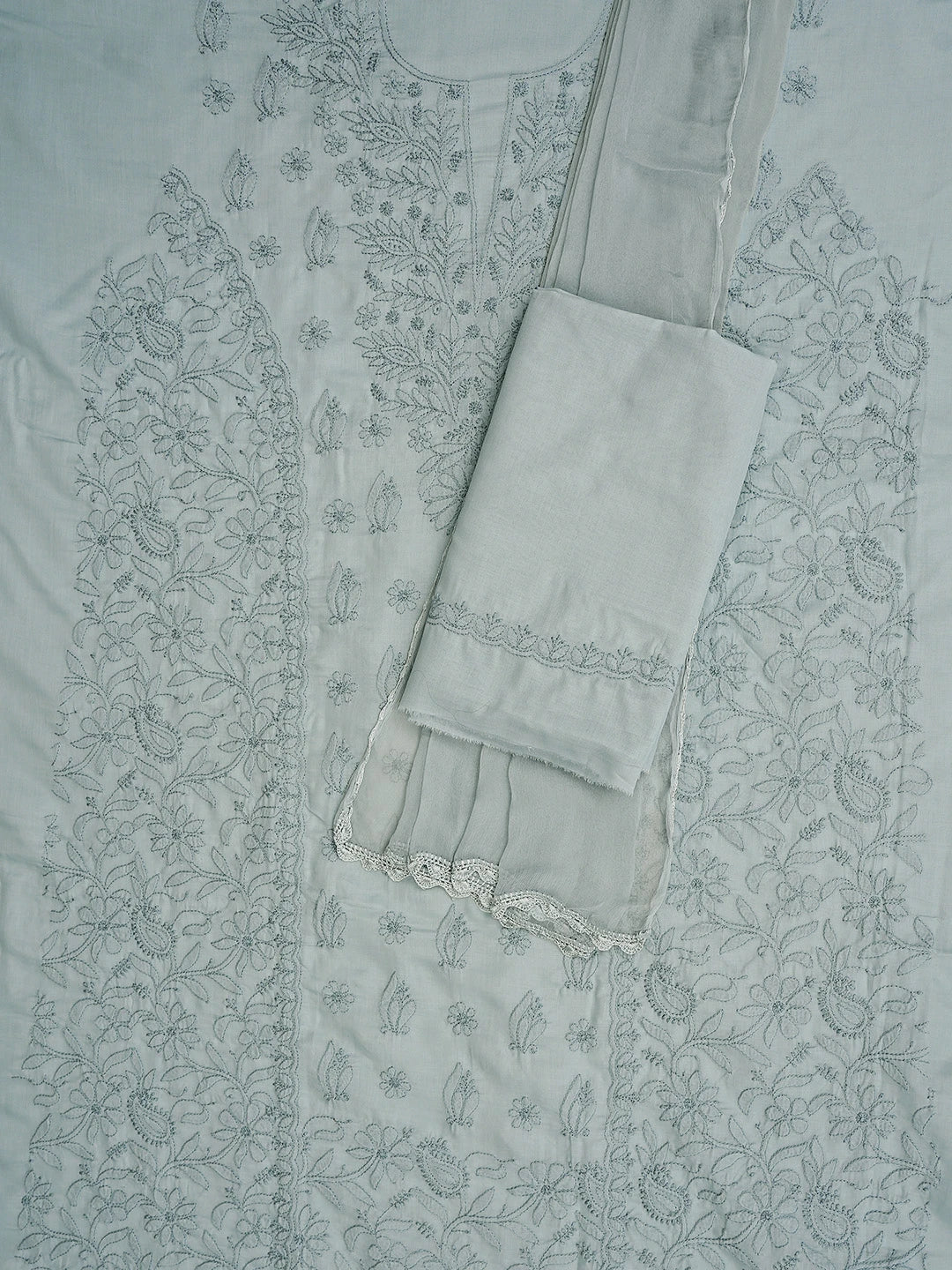 Ada Hand Embroidered Templeton Grey Cotton Lucknowi Chikankari Unstitched Suit Piece 01A869298