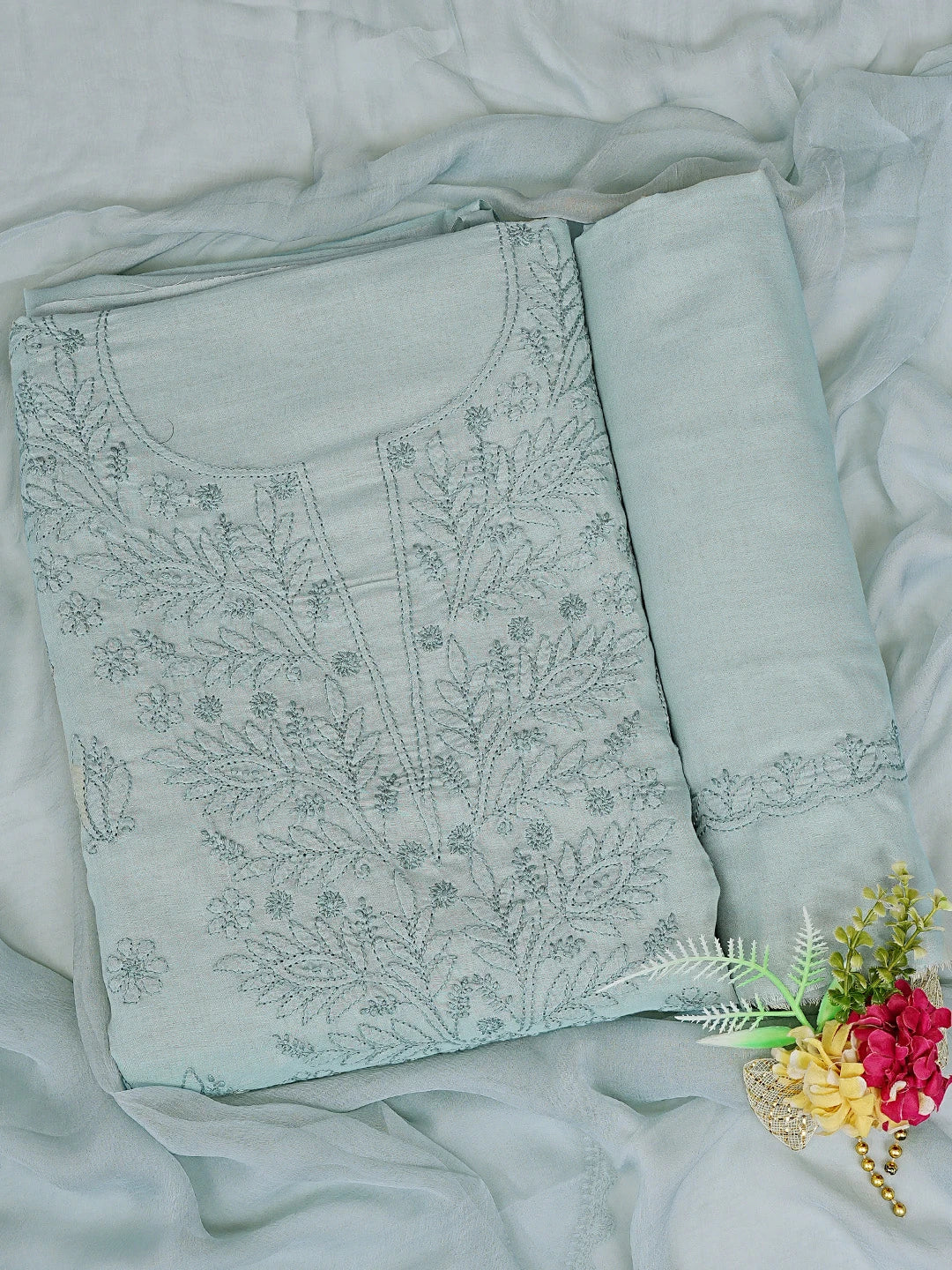 Ada Hand Embroidered Templeton Grey Cotton Lucknowi Chikankari Unstitched Suit Piece 01A869298