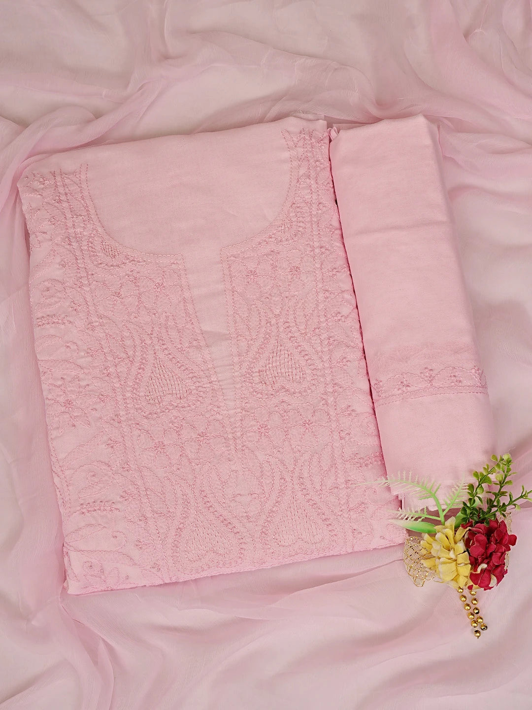 Ada Hand Embroidered Pink Cotton Lucknowi Chikankari Unstitched Suit Piece 01A869312
