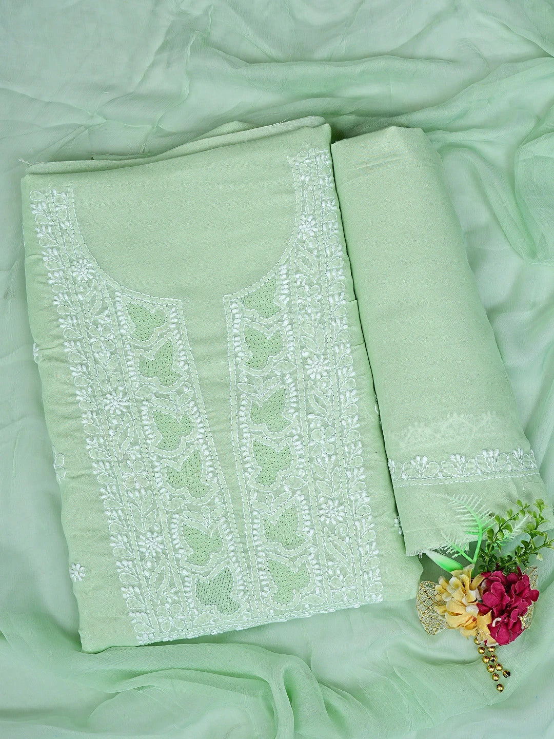 Ada Hand Embroidered Pistachio Green Cotton Lucknowi Chikankari Unstitched Suit Piece 01A869278