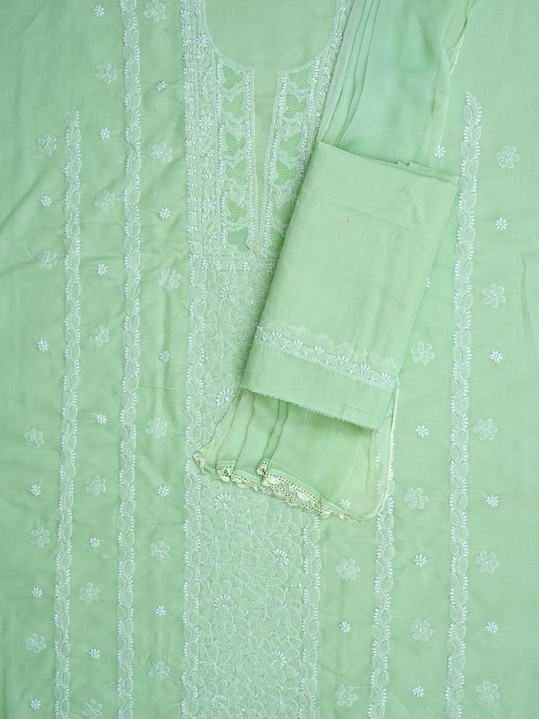 Ada Hand Embroidered Pistachio Green Cotton Lucknowi Chikankari Unstitched Suit Piece 01A869278