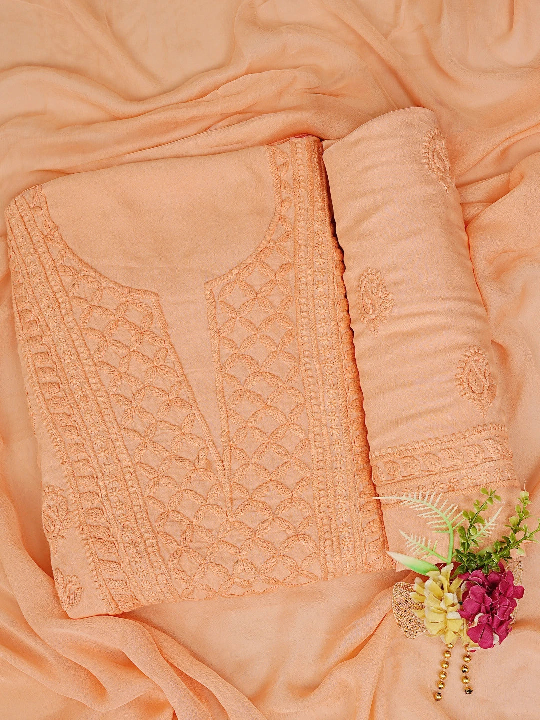 Ada Hand Embroidered Peach Modal Lucknowi Chikankari Unstitched Suit Piece 01A368088