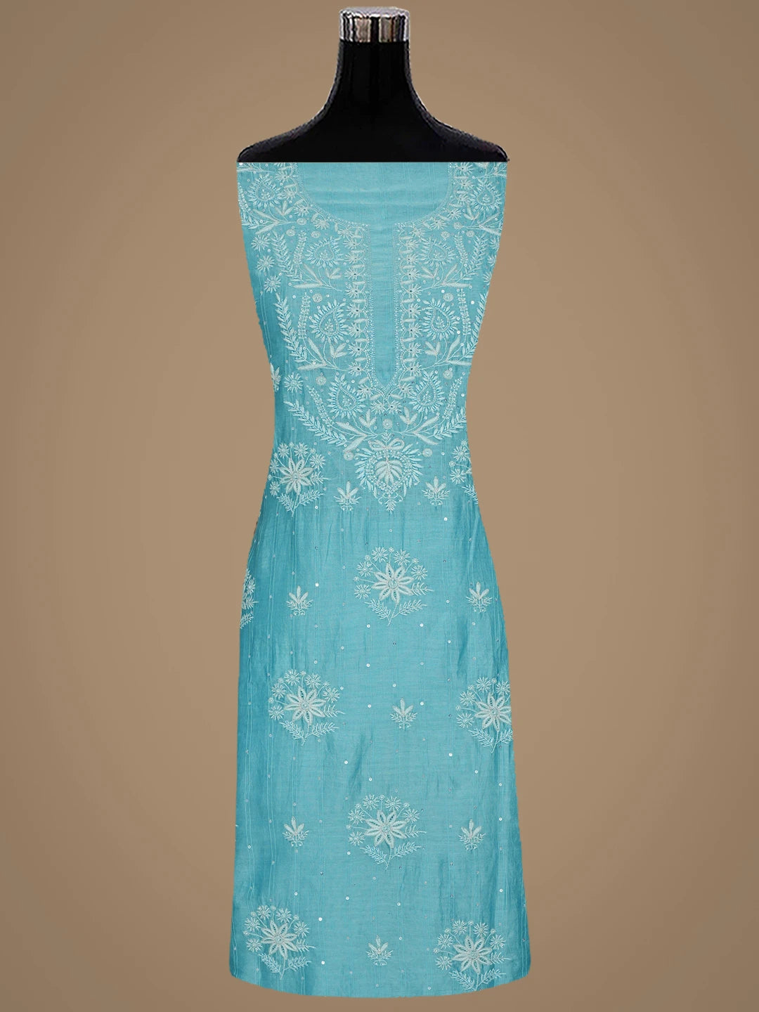 Ada Hand Embroidered Keppel Turquoise Chanderi Lucknowi Chikankari Unstitched Kurta Dupatta Set With Sequinned Work 01A776464