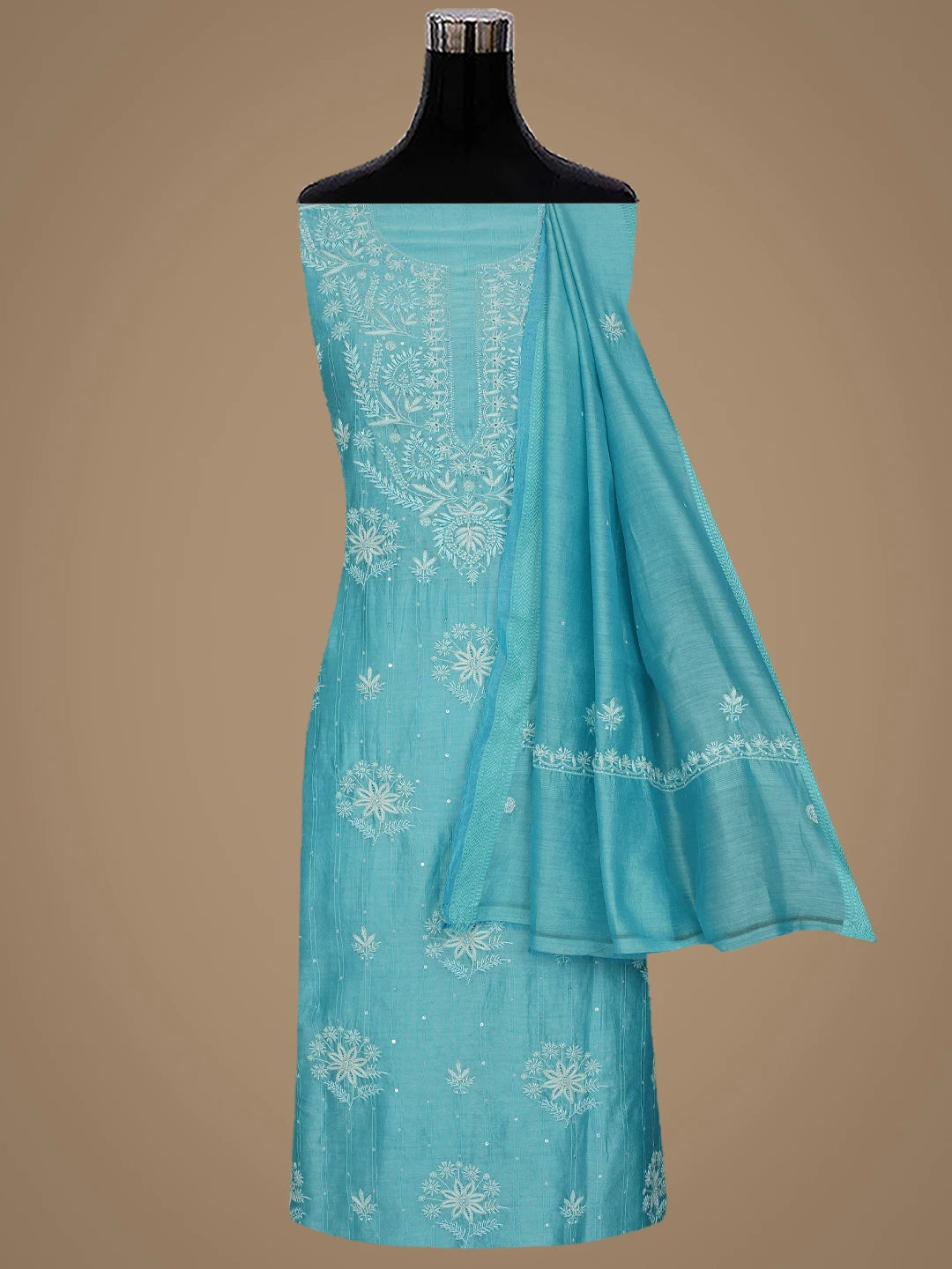 Ada Hand Embroidered Keppel Turquoise Chanderi Lucknowi Chikankari Unstitched Kurta Dupatta Set With Sequinned Work 01A776464