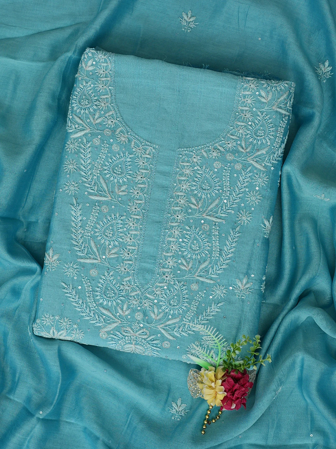 Ada Hand Embroidered Keppel Turquoise Chanderi Lucknowi Chikankari Unstitched Kurta Dupatta Set With Sequinned Work 01A776464