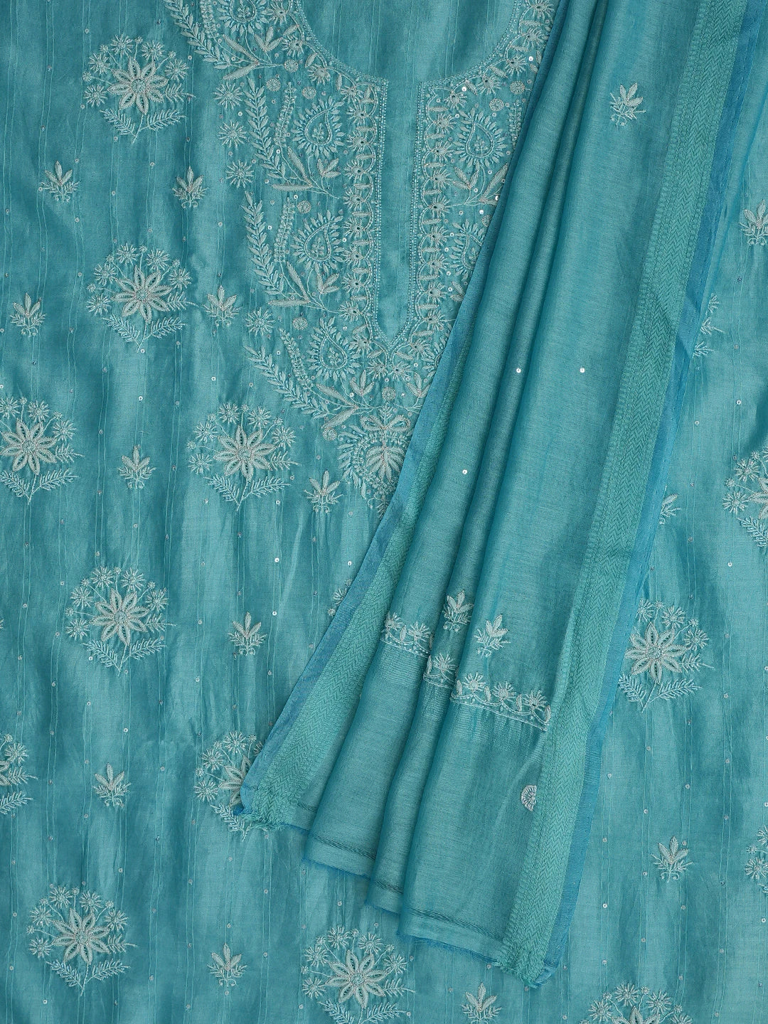 Ada Hand Embroidered Keppel Turquoise Chanderi Lucknowi Chikankari Unstitched Kurta Dupatta Set With Sequinned Work 01A776464