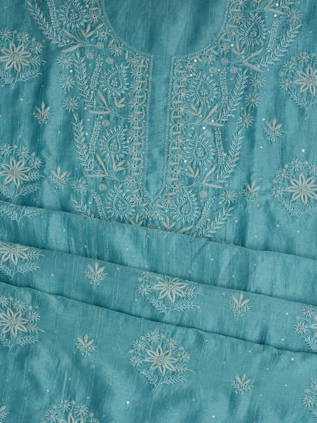 Ada Hand Embroidered Keppel Turquoise Chanderi Lucknowi Chikankari Unstitched Kurta Dupatta Set With Sequinned Work 01A776464