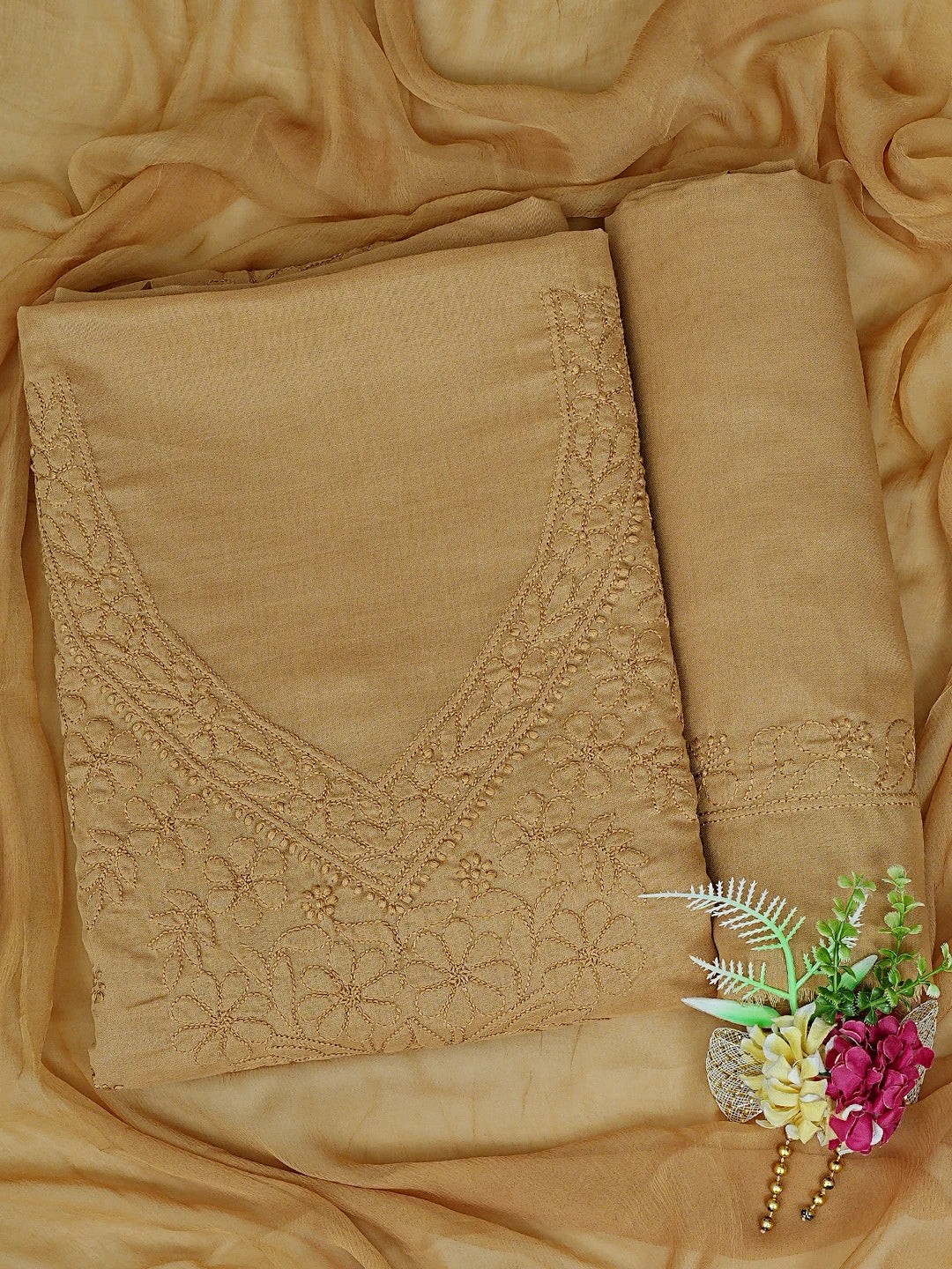 Ada Hand Embroidered Peanut Brown Cotton Lucknowi Chikankari Unstitched Suit Piece 01A869266