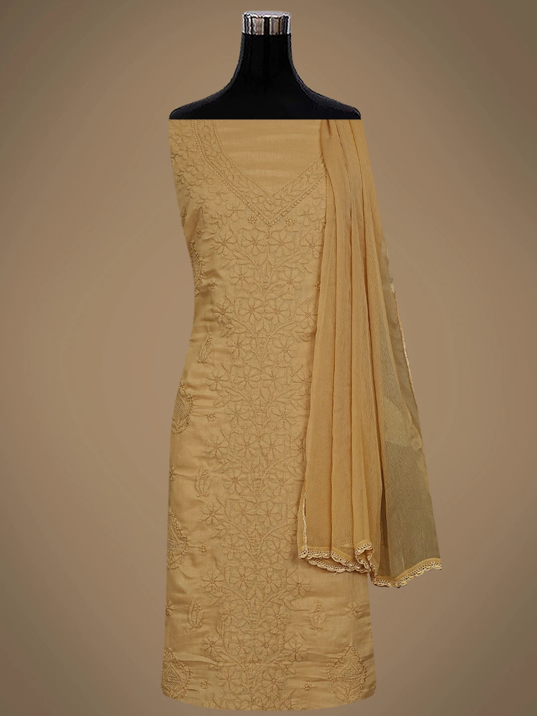 Ada Hand Embroidered Peanut Brown Cotton Lucknowi Chikankari Unstitched Suit Piece 01A869266