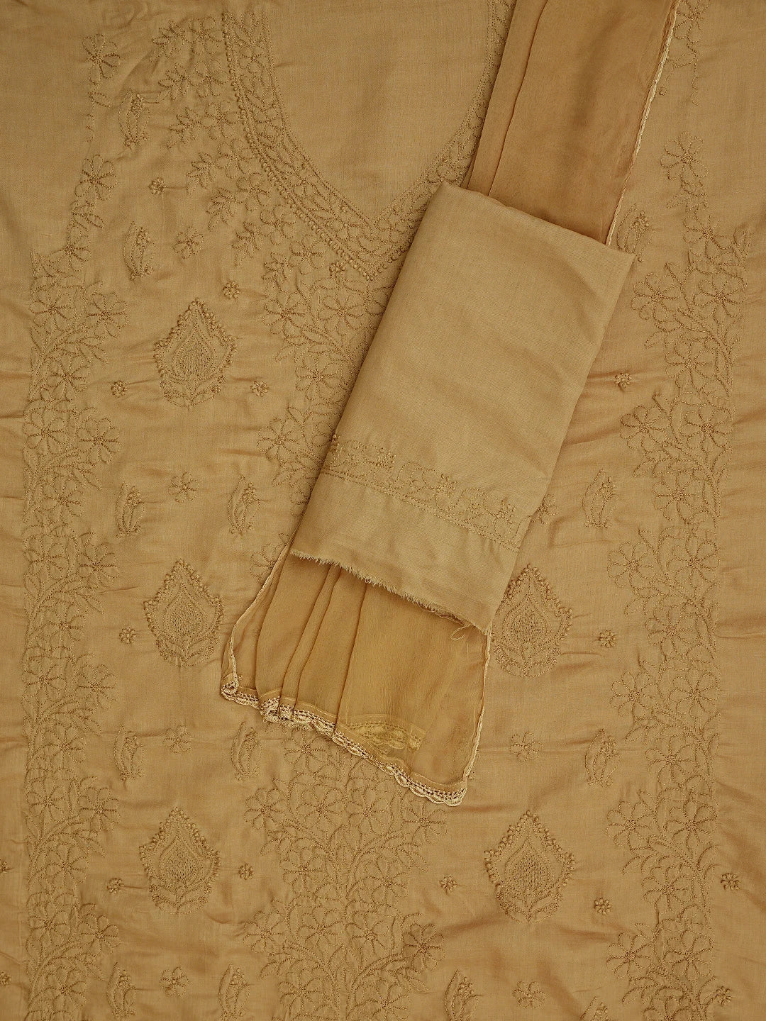 Ada Hand Embroidered Peanut Brown Cotton Lucknowi Chikankari Unstitched Suit Piece 01A869266