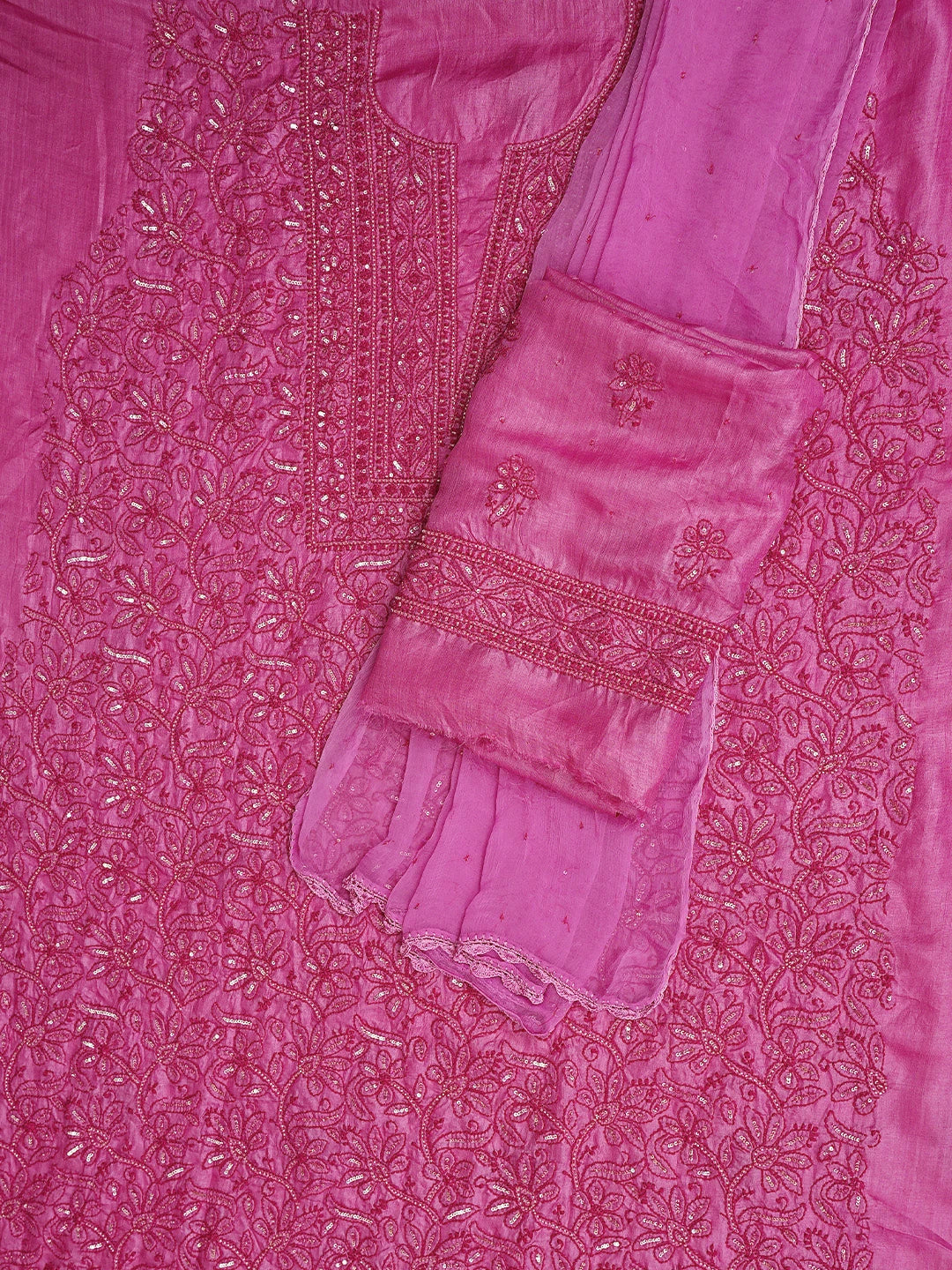 Ada Hand Embroidered Magenta Tussar Silk Lucknowi Chikankari Unstitched Suit Piece With Cutdana Work 01A798666