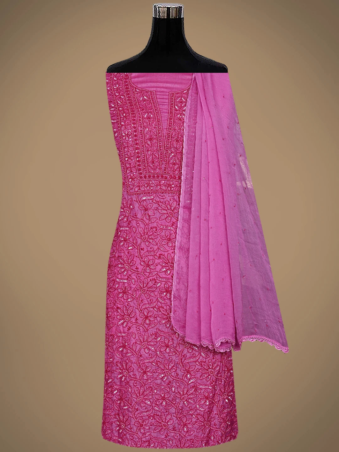 Ada Hand Embroidered Magenta Tussar Silk Lucknowi Chikankari Unstitched Suit Piece With Cutdana Work 01A798666