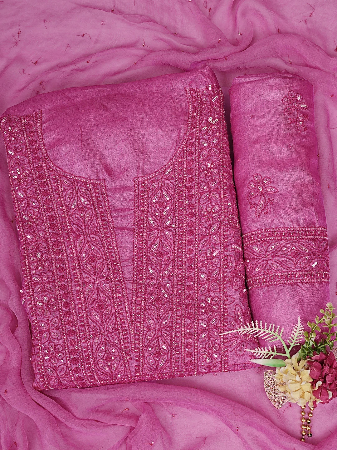 Ada Hand Embroidered Magenta Tussar Silk Lucknowi Chikankari Unstitched Suit Piece With Cutdana Work 01A798666