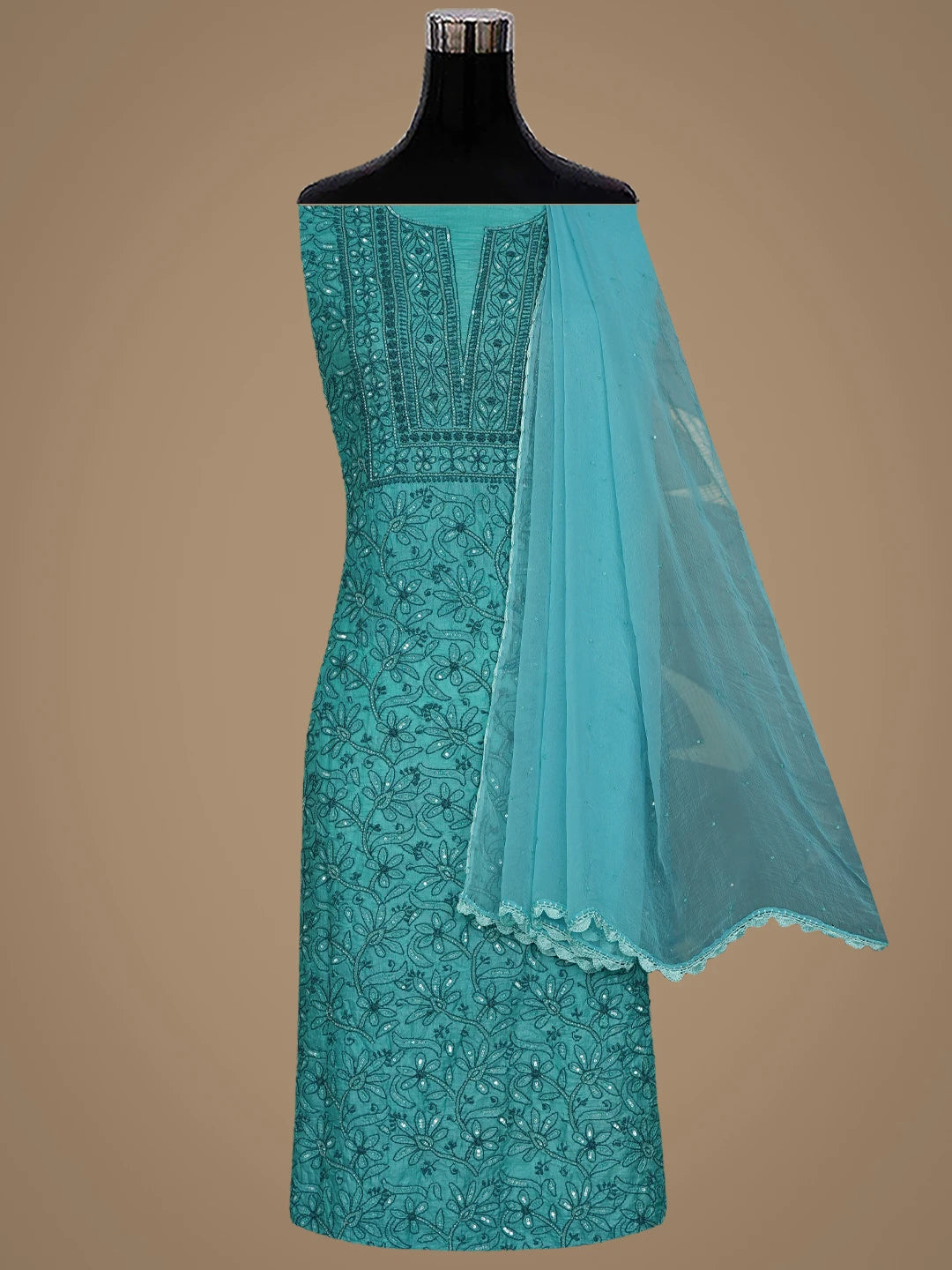 Ada Hand Embroidered Rama Green Tussar Silk Lucknowi Chikankari Unstitched Suit Piece With Cutdana Work 01A763492