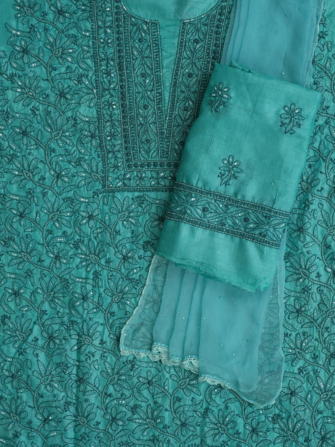 Ada Hand Embroidered Rama Green Tussar Silk Lucknowi Chikankari Unstitched Suit Piece With Cutdana Work 01A763492