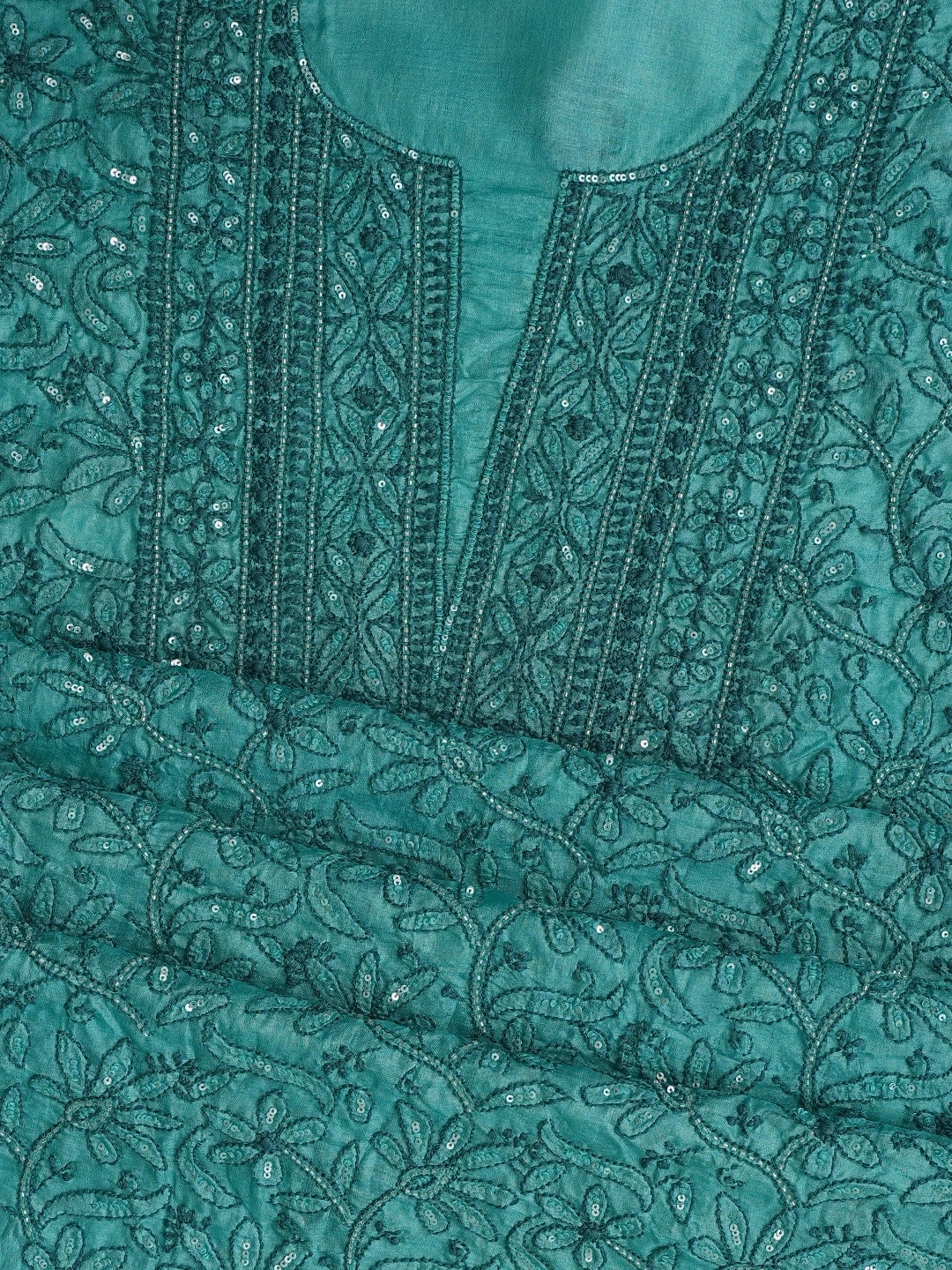 Ada Hand Embroidered Rama Green Tussar Silk Lucknowi Chikankari Unstitched Suit Piece With Cutdana Work 01A763492