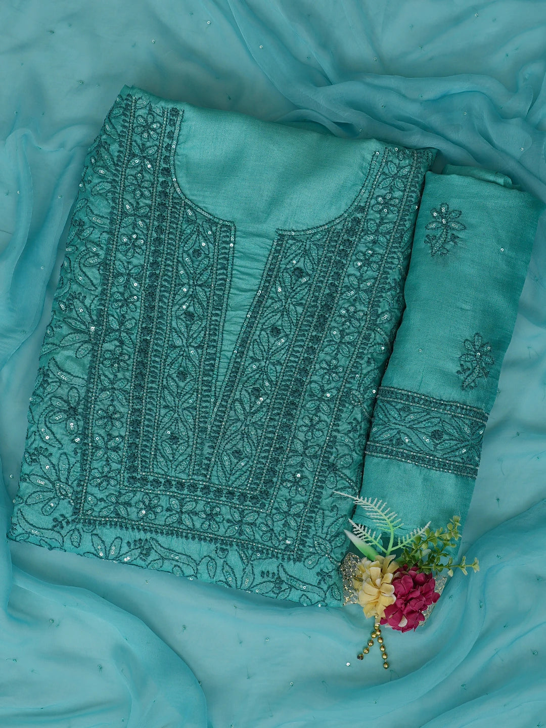 Ada Hand Embroidered Rama Green Tussar Silk Lucknowi Chikankari Unstitched Suit Piece With Cutdana Work 01A763492