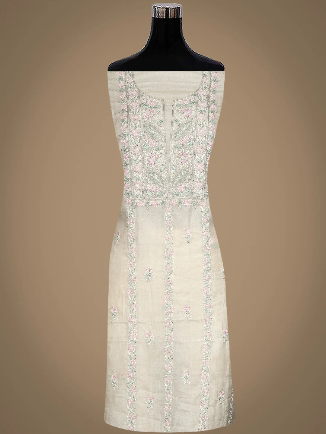 Ada Hand Embroidered Cream Tussar Silk Lucknowi Chikankari Unstitched Kurta Dupatta Set With Sequinned Work 01A843837