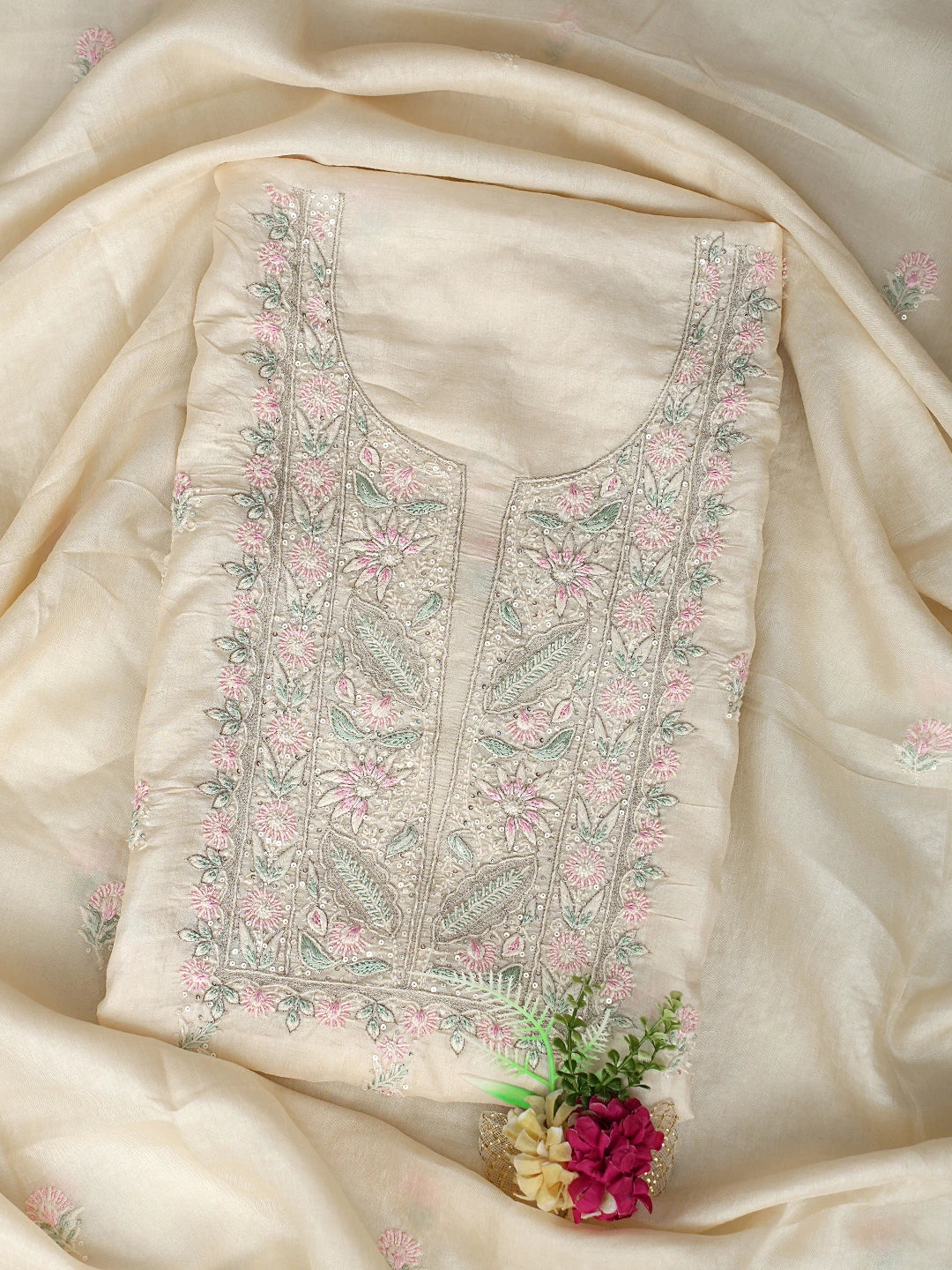 Ada Hand Embroidered Cream Tussar Silk Lucknowi Chikankari Unstitched Kurta Dupatta Set With Sequinned Work 01A843837